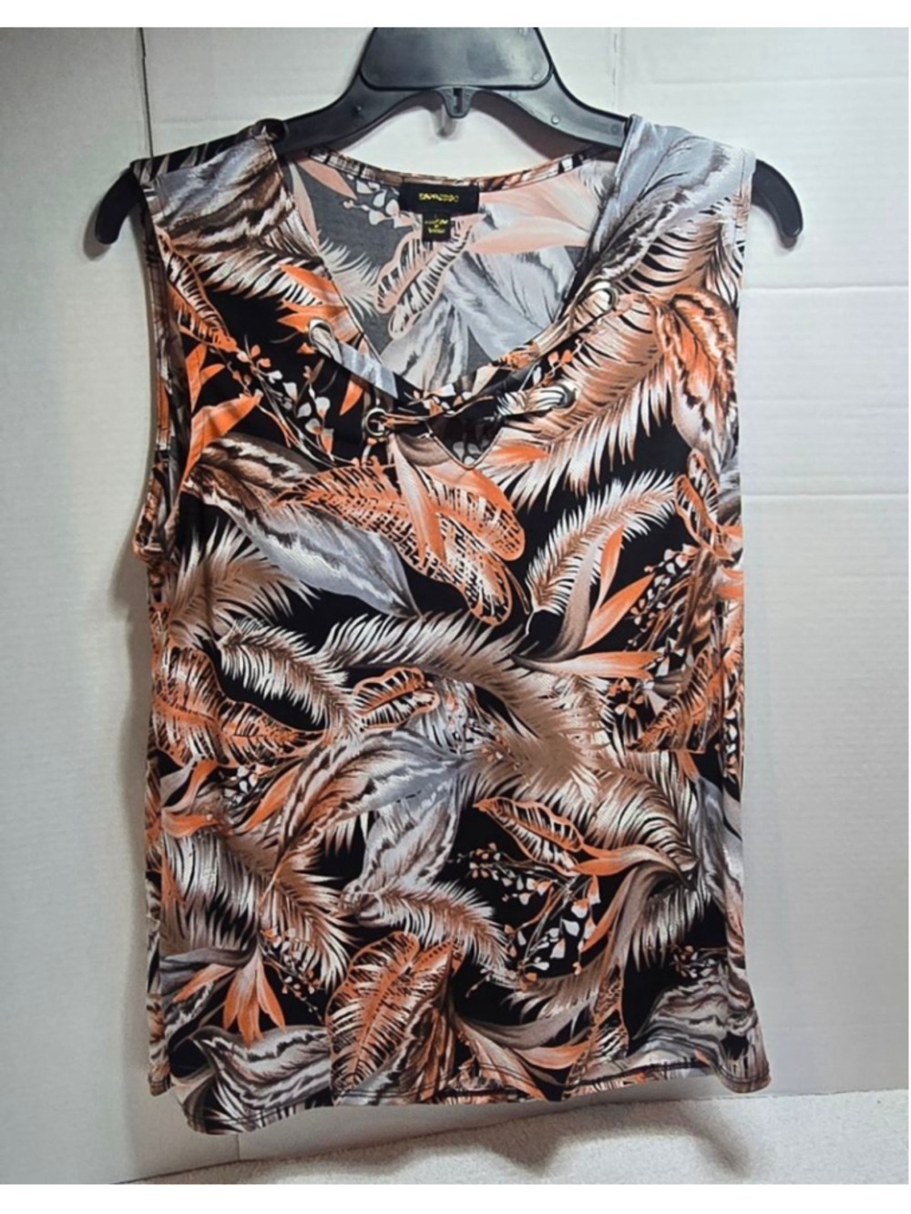 Women's Espresso Black Orange Leaf Print Lace-Up Tank Top L